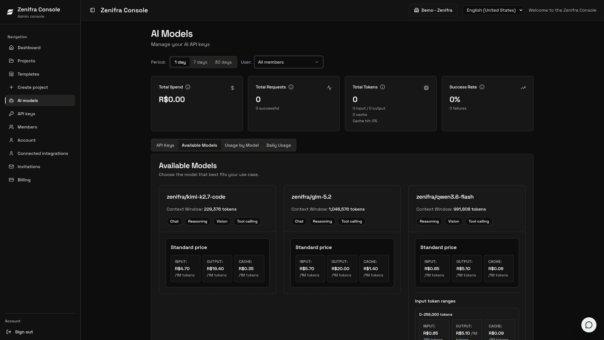 AI model catalog with context window, capabilities and prices in reais