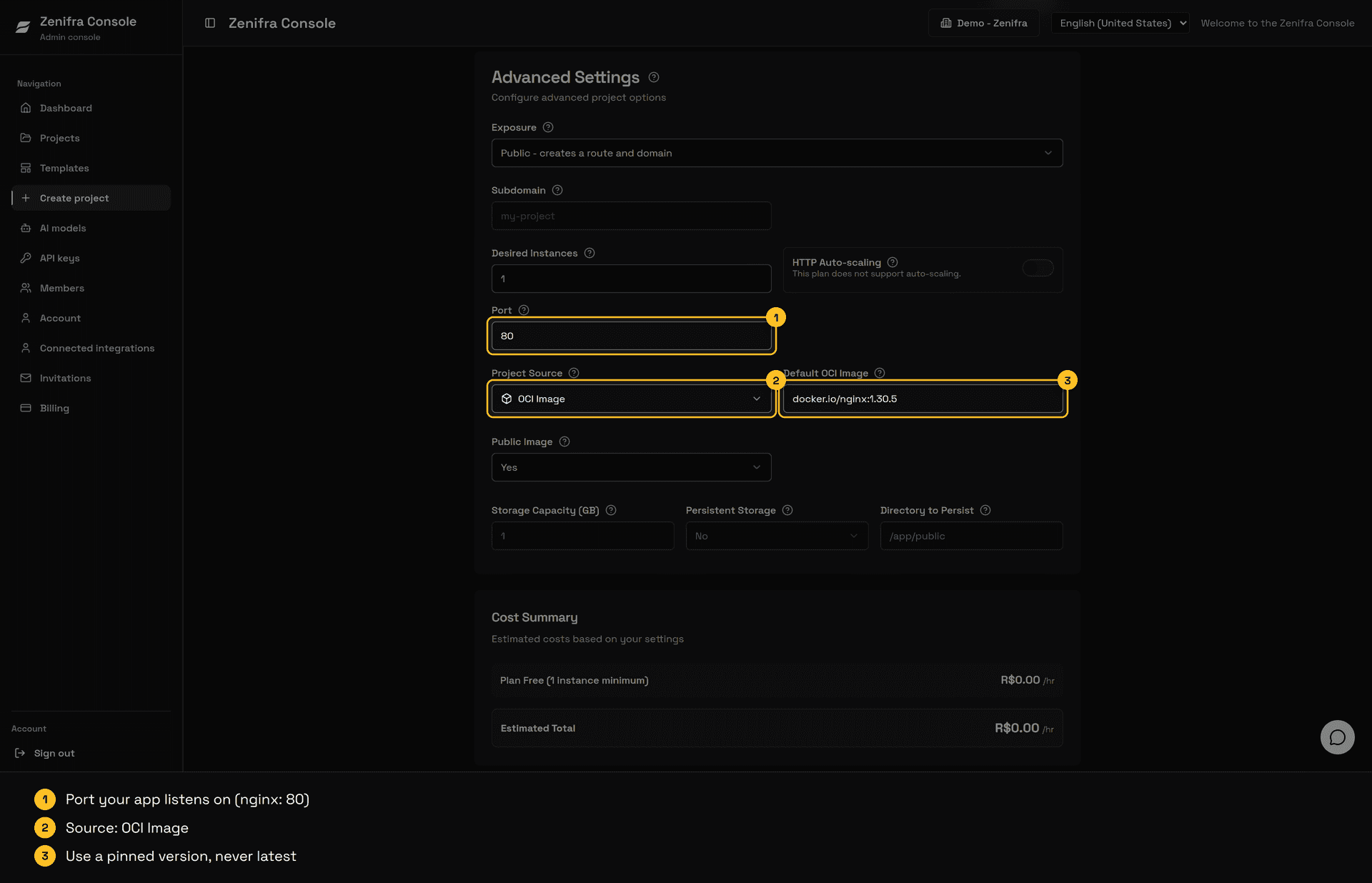 Console Advanced Settings with port 80, Docker Image as the source, and the image docker.io/nginx:1.30.5