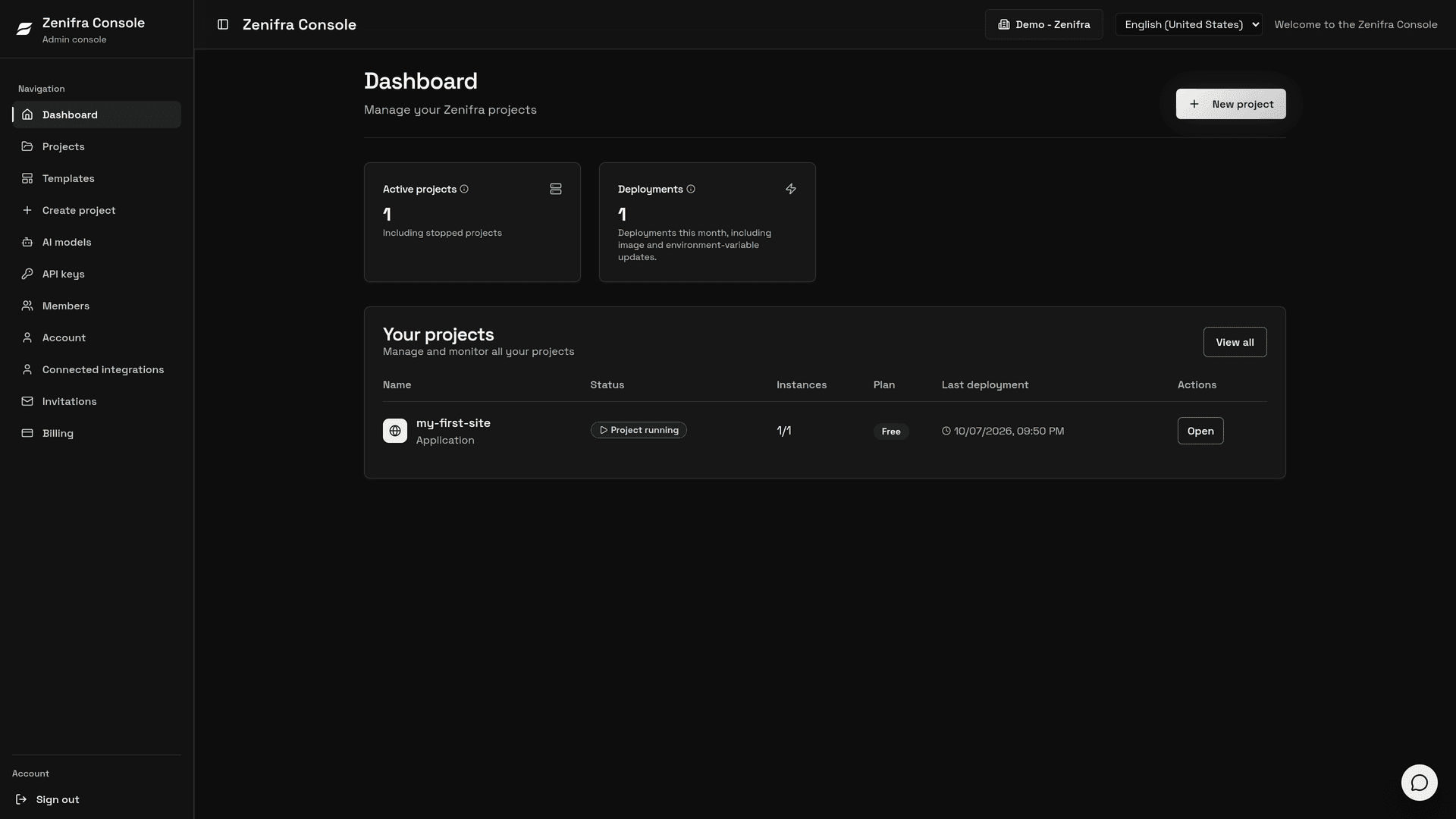 Console dashboard with active projects, deployments and the Your projects list