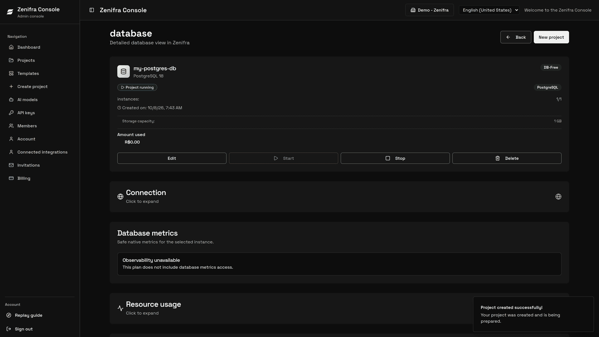 Database page with status, connection, metrics and resource usage