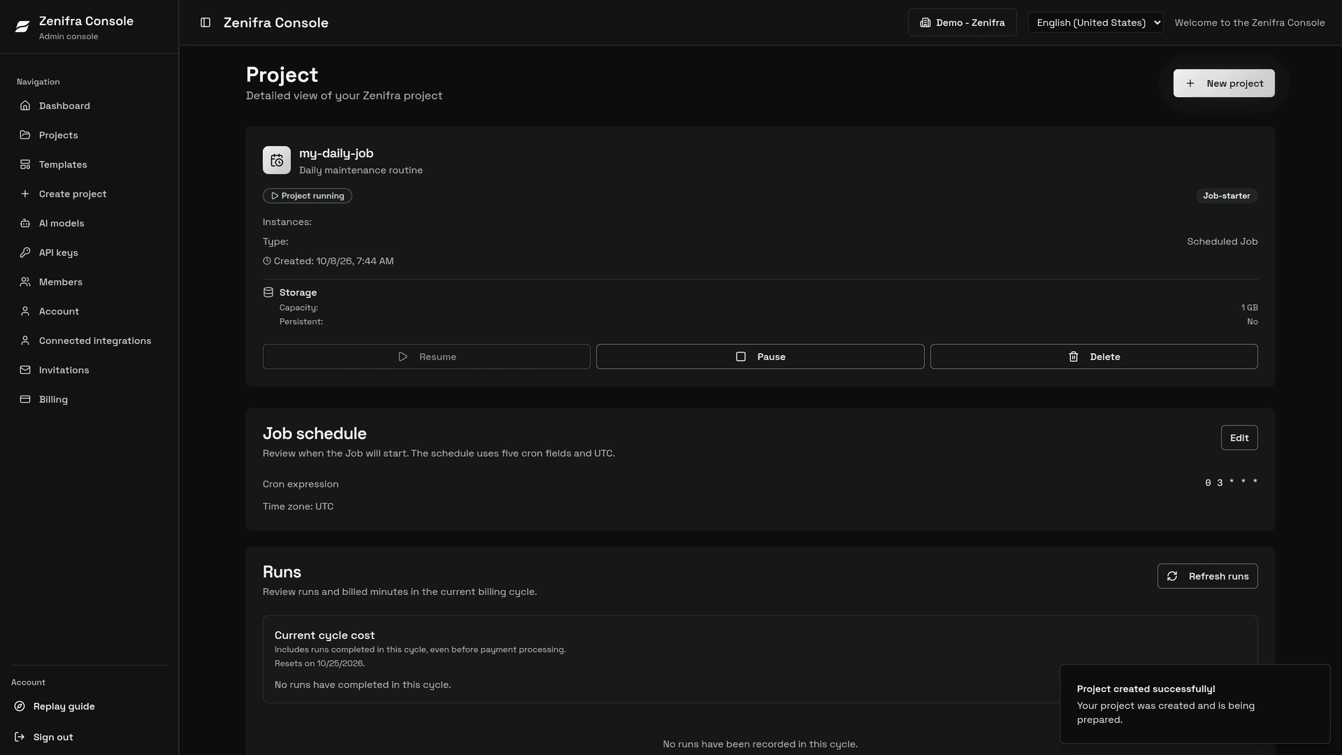 Job page with schedule, runs and current cycle cost