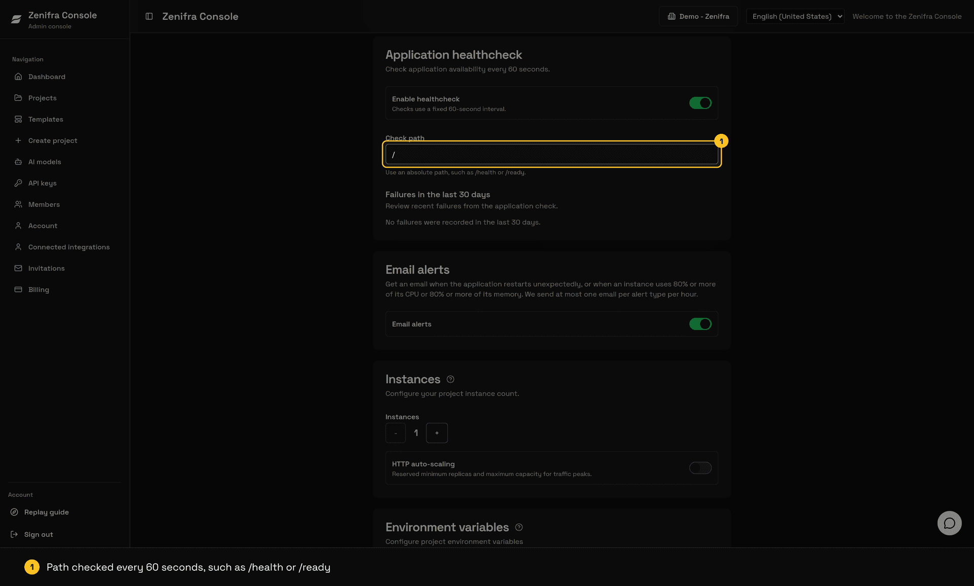Application healthcheck enabled with the check path and email alerts turned on