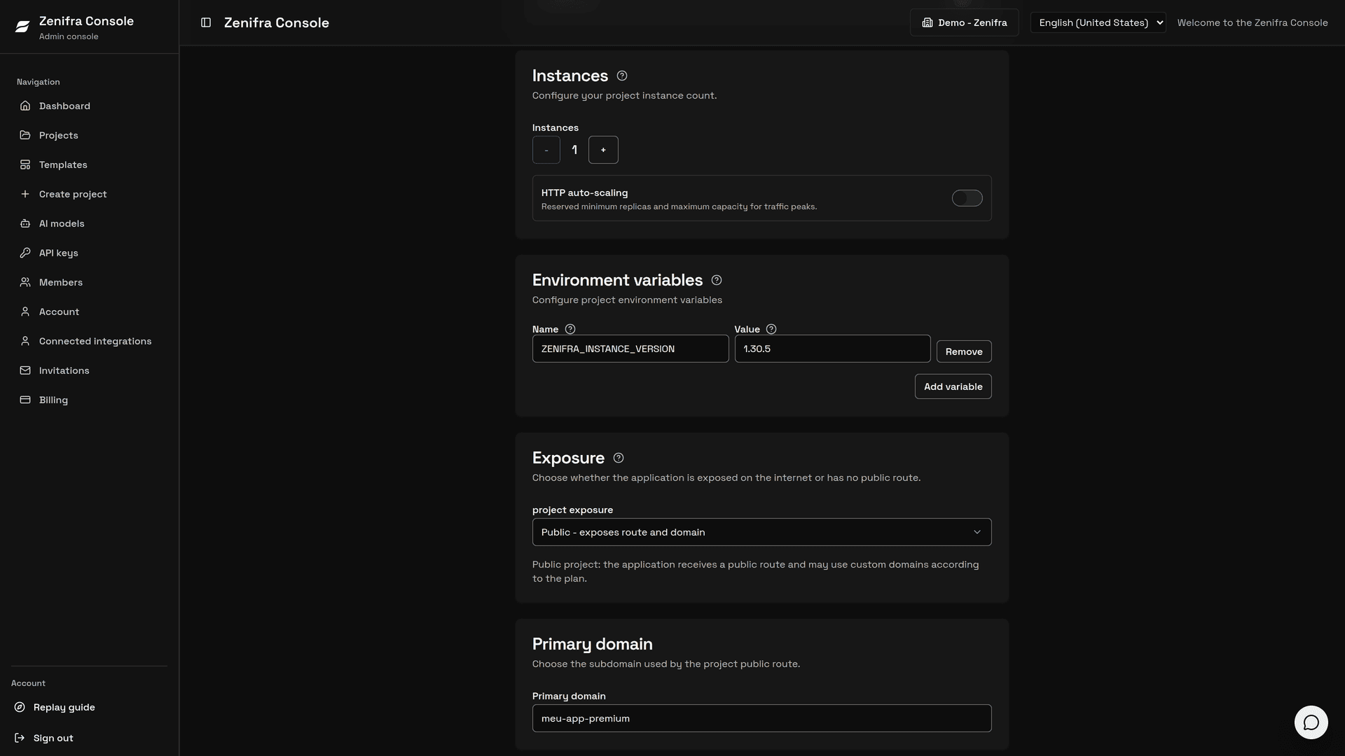 Instances section in Edit project with the instance count and HTTP autoscaling