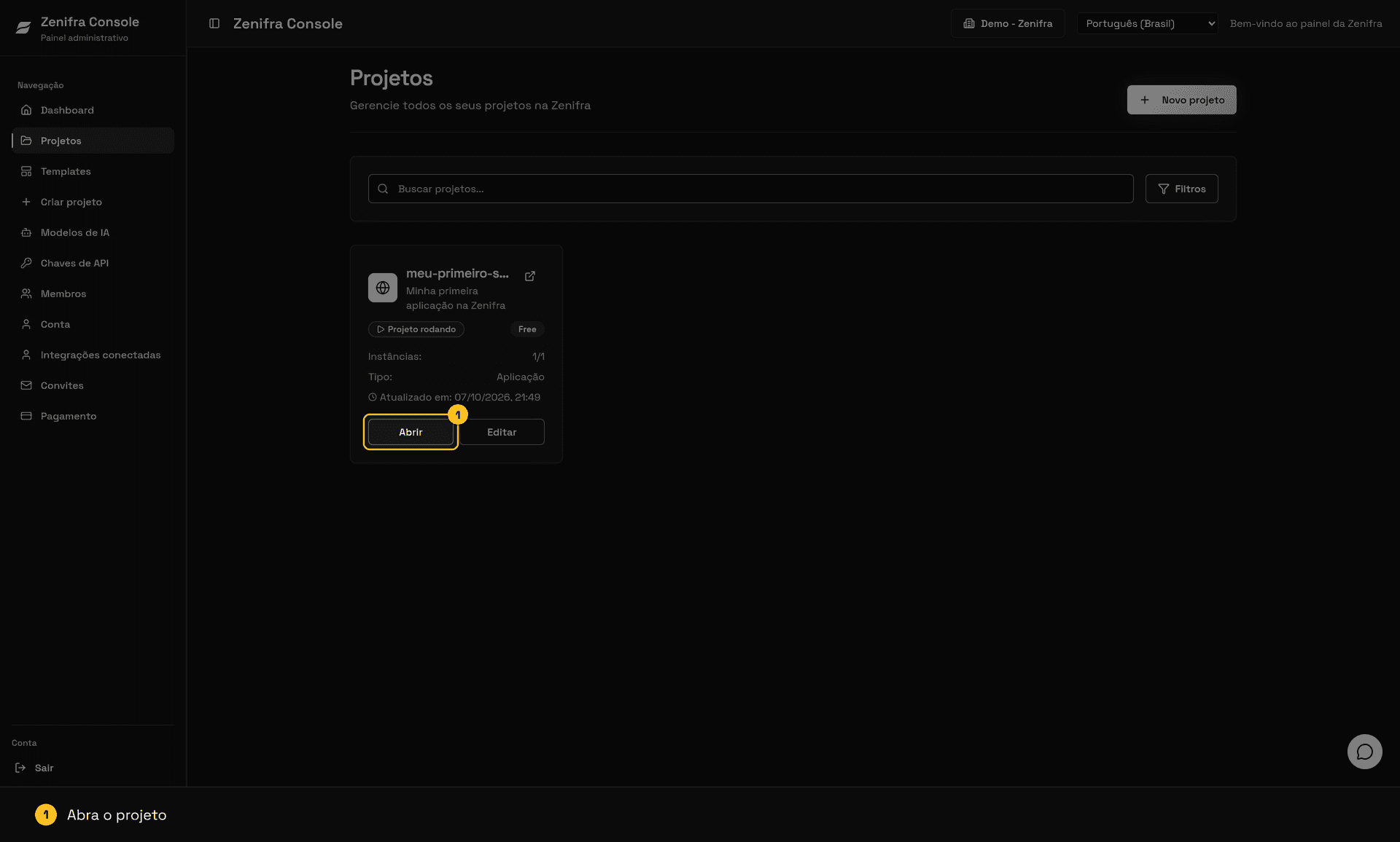 Lista de projetos com o novo projeto rodando e o botão Abrir destacado