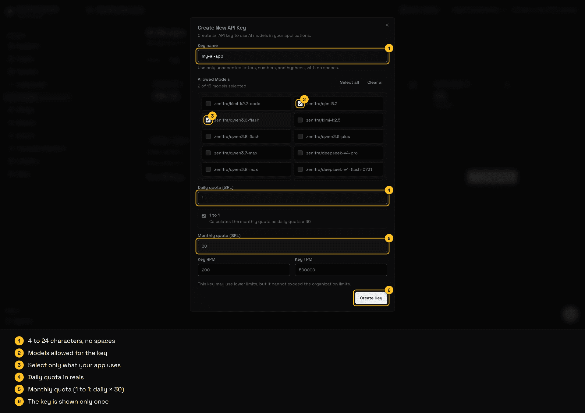 Create New API Key dialog with name, allowed models and quotas highlighted