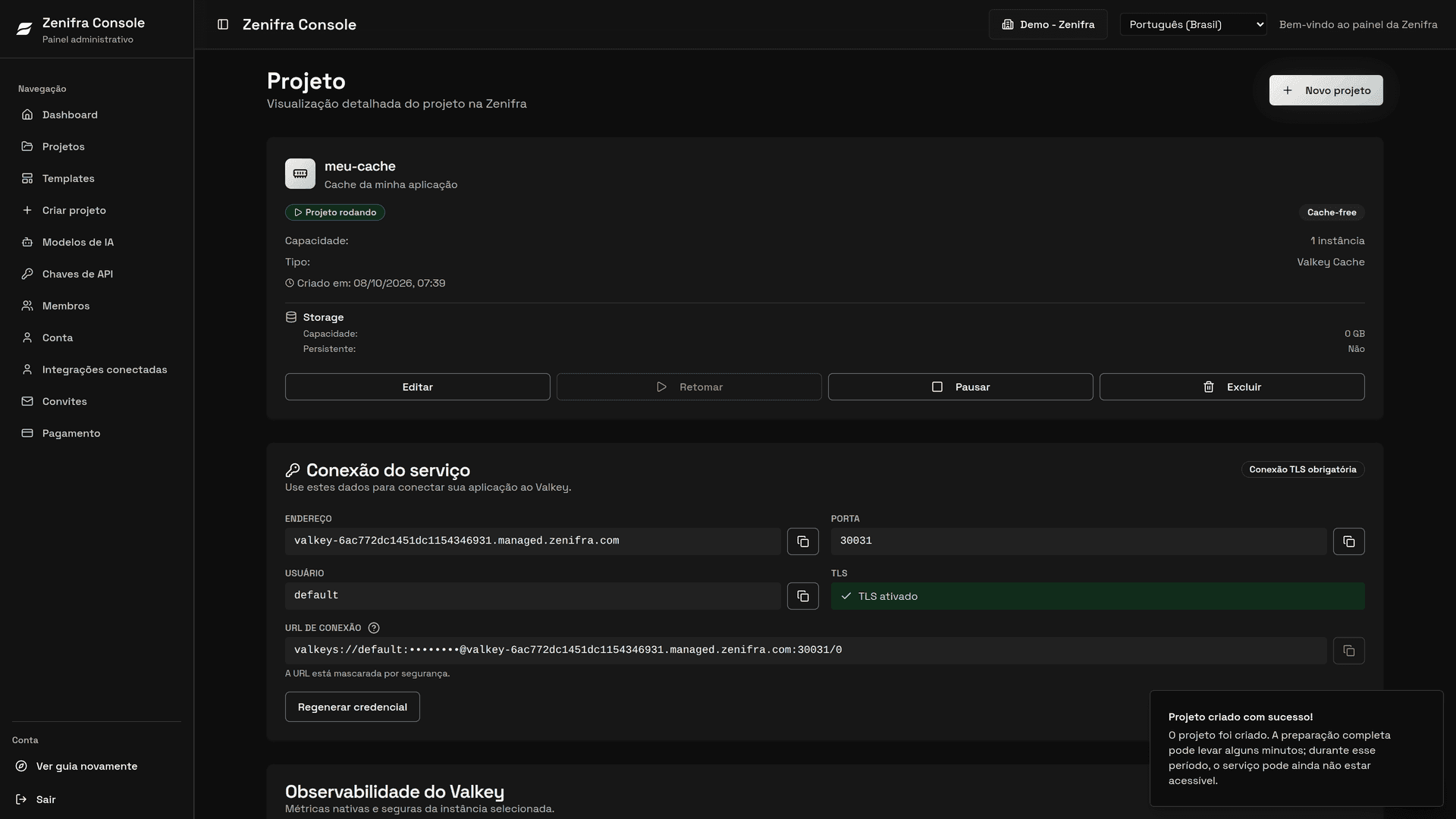 Página do cache com conexão TLS obrigatória e observabilidade