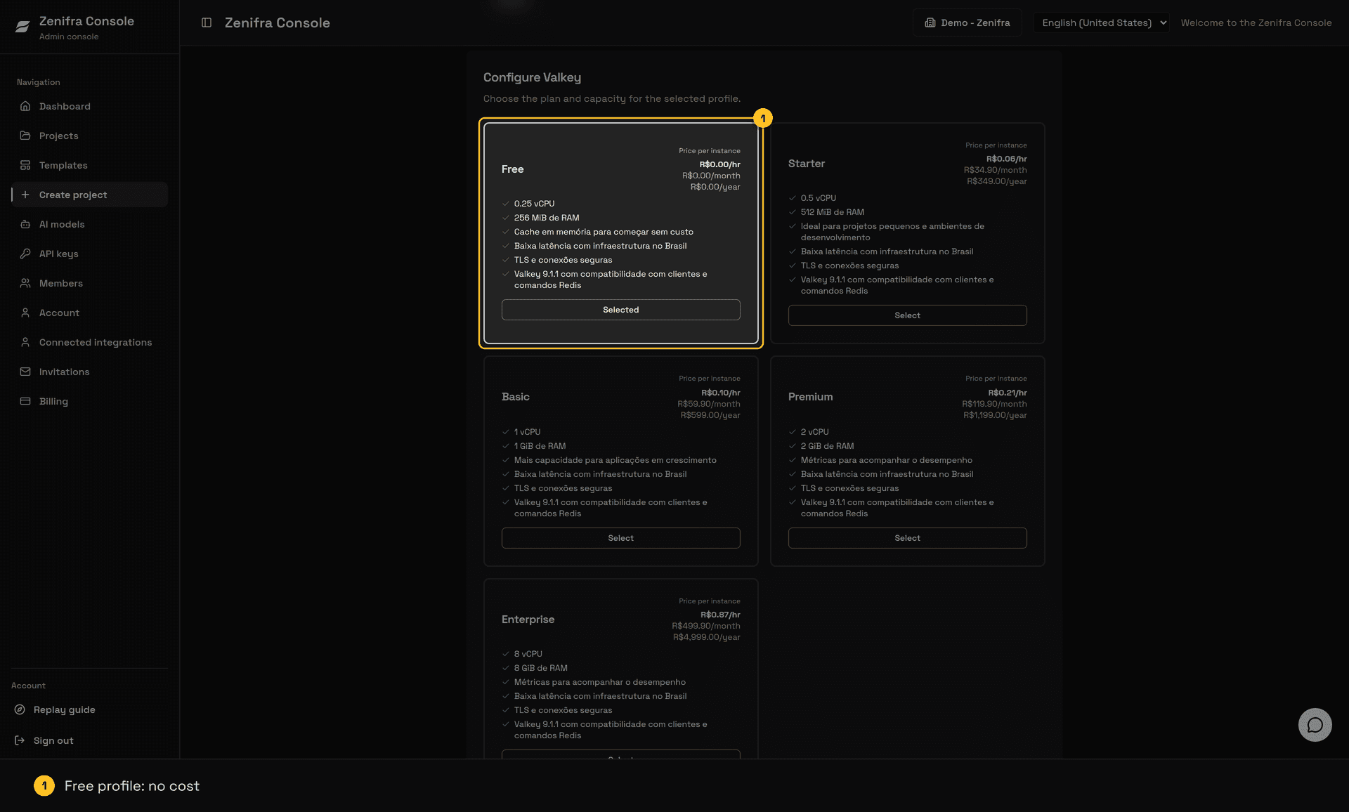 Valkey Cache profiles with Free highlighted