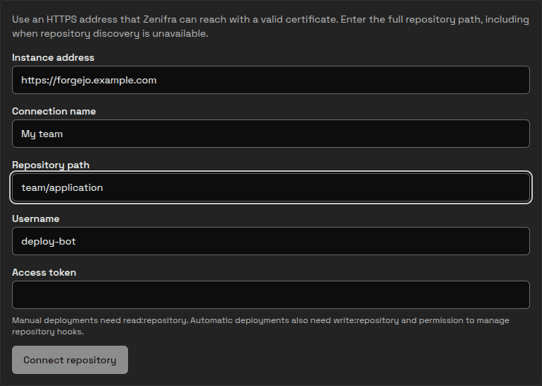 Console form for connecting a Forgejo repository, showing the connection and repository fields.