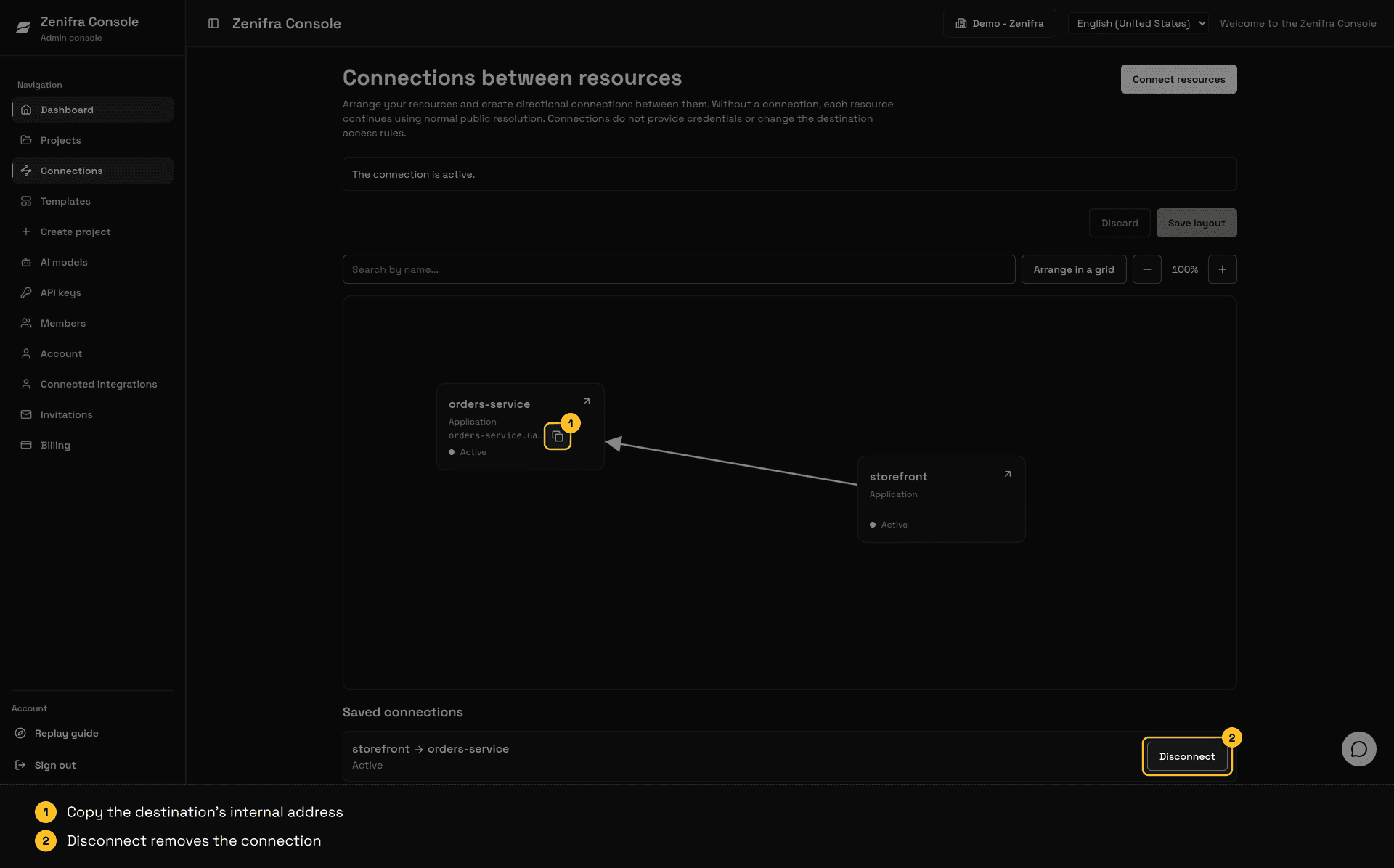Active connection: the orders-service card shows the internal address with a copy button, and the saved connections list has the Disconnect button