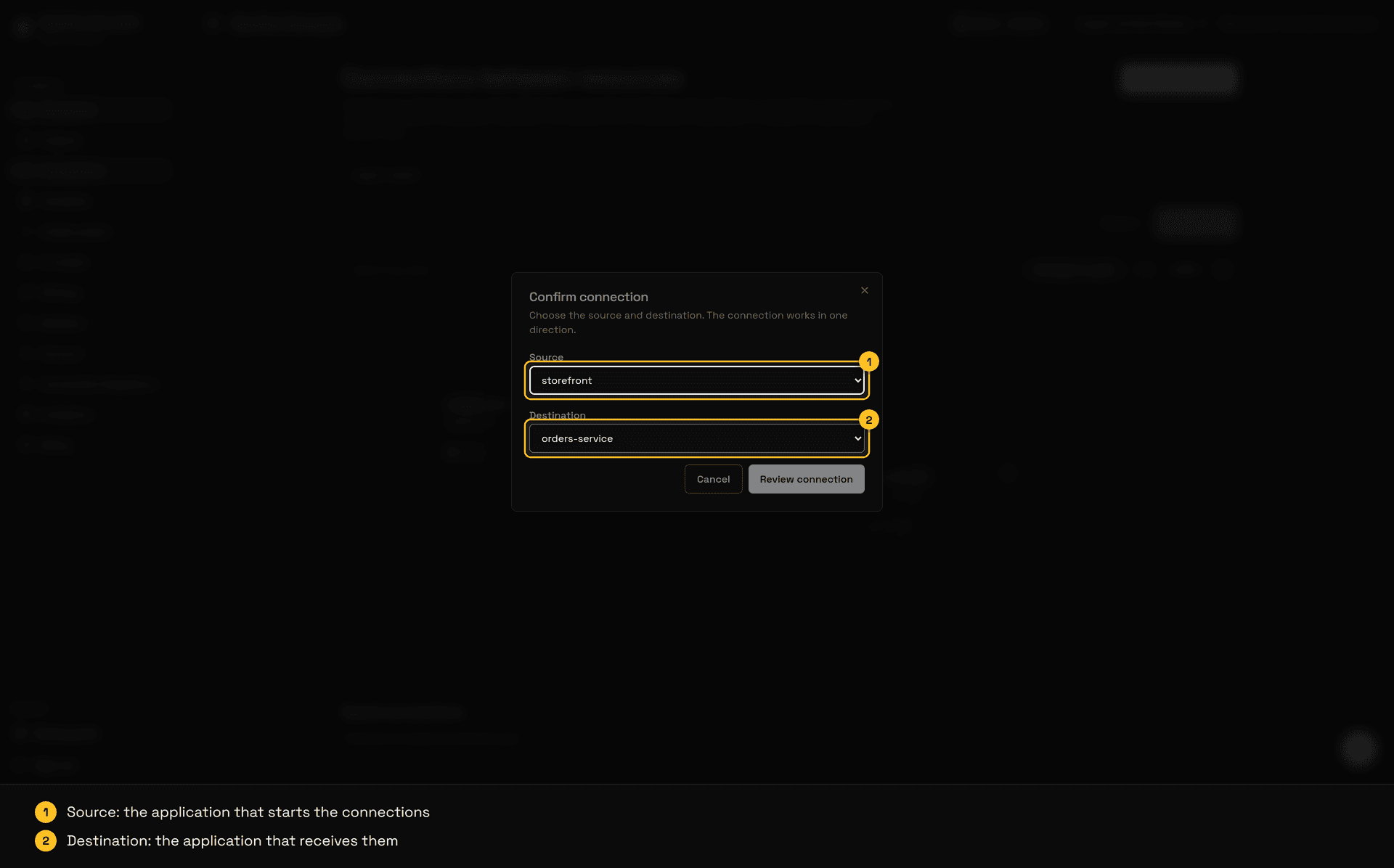 Confirm connection dialog with storefront selected as the source and orders-service as the destination