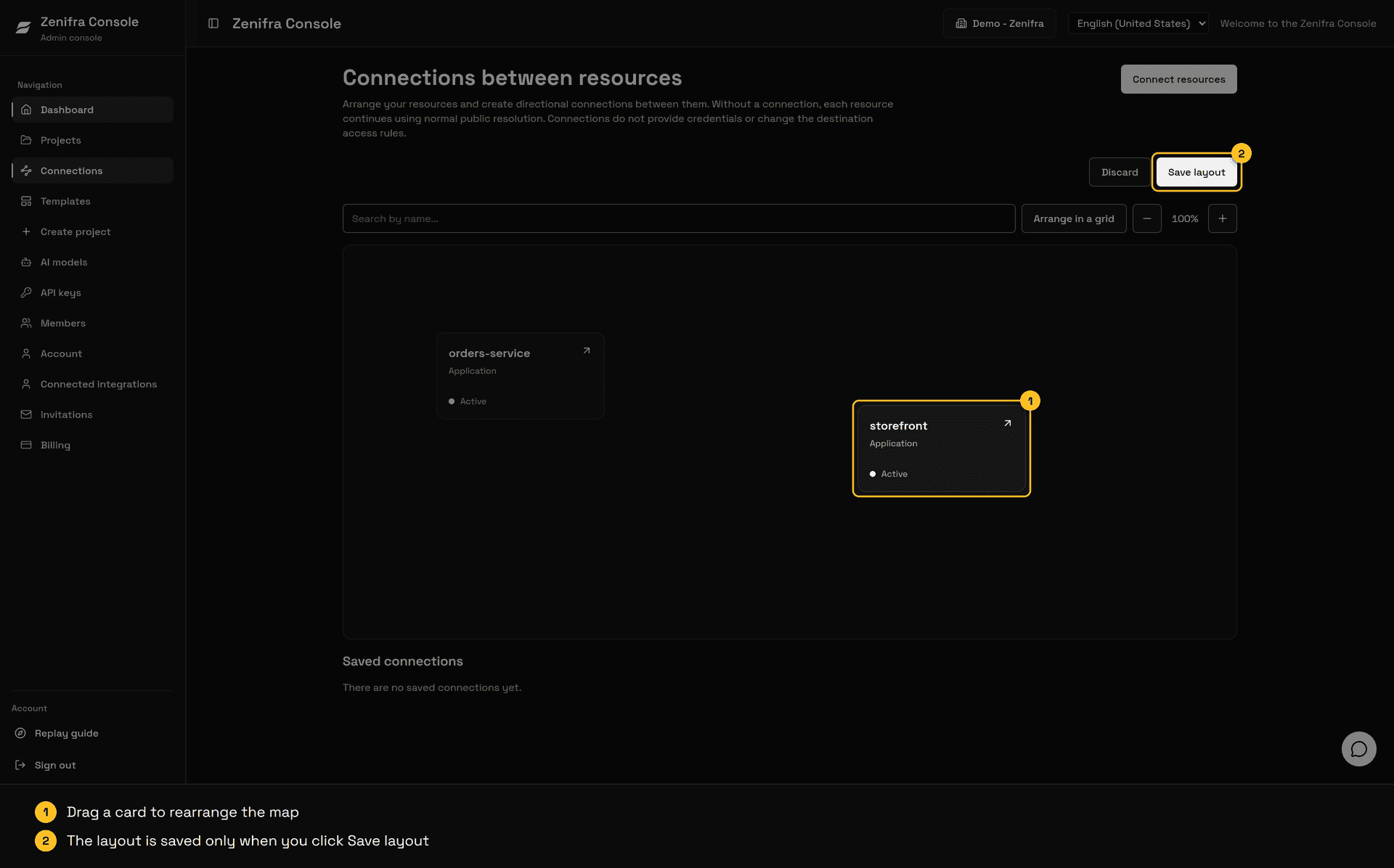 Map with the storefront card dragged to another position and the Save layout button enabled