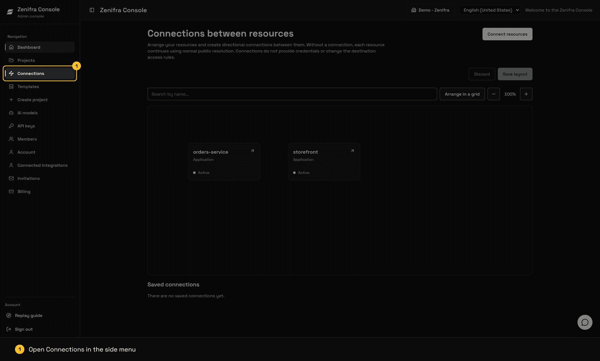 Connections map in the console, showing the storefront and orders-service application cards and the Connections item highlighted in the side menu