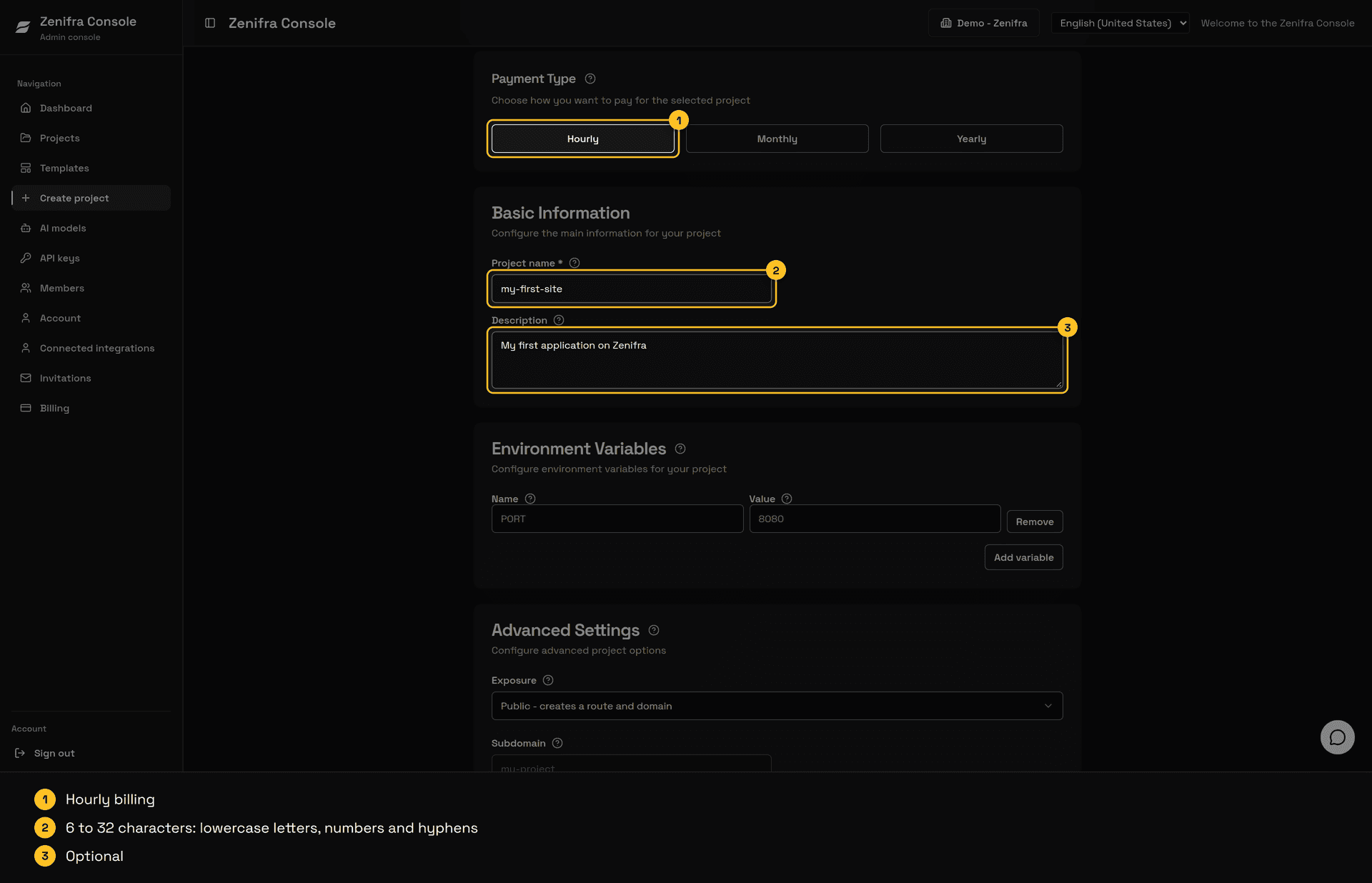 Hourly payment type and Basic Information with the project name and description filled in