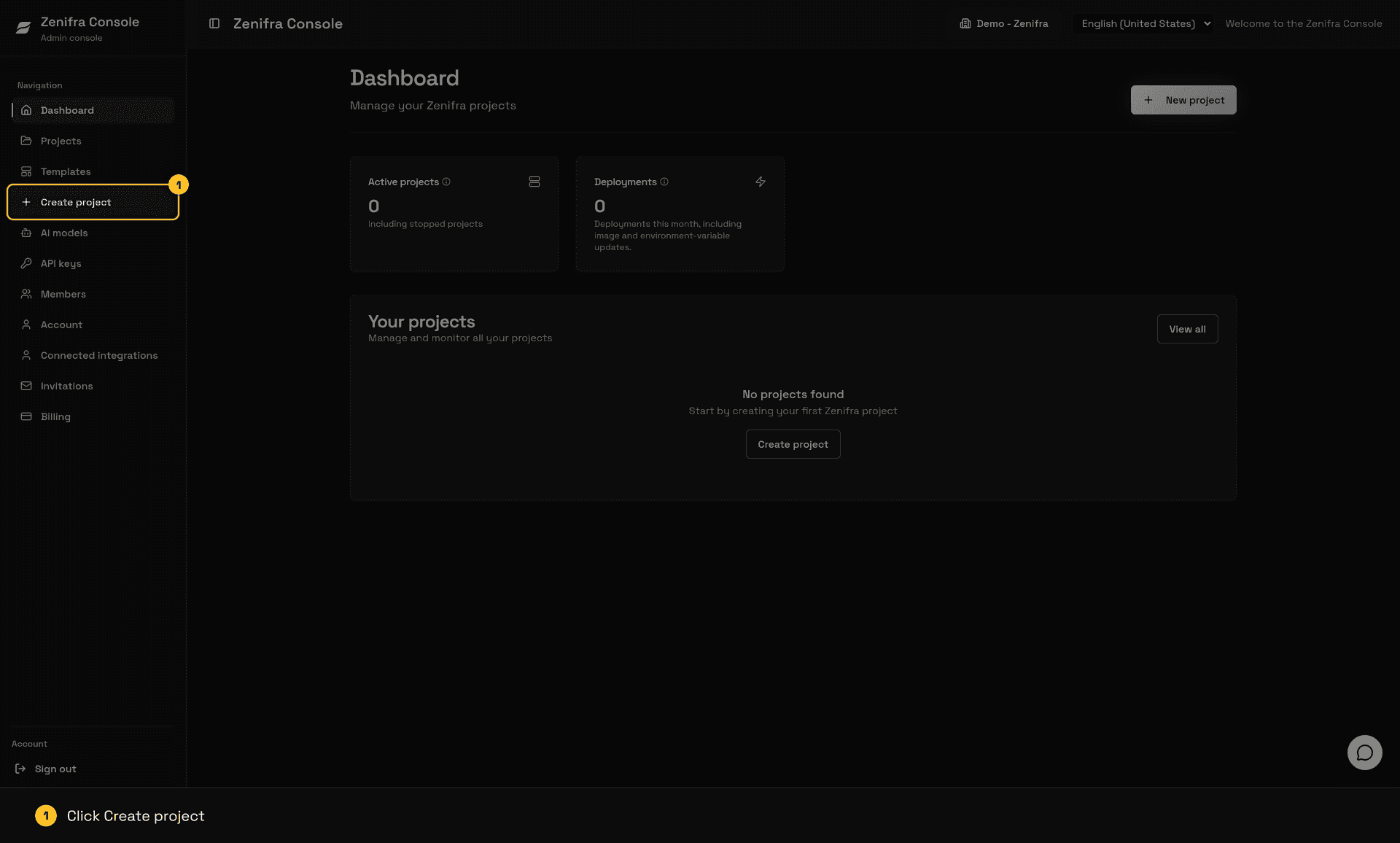 Console dashboard with Create project highlighted in the sidebar