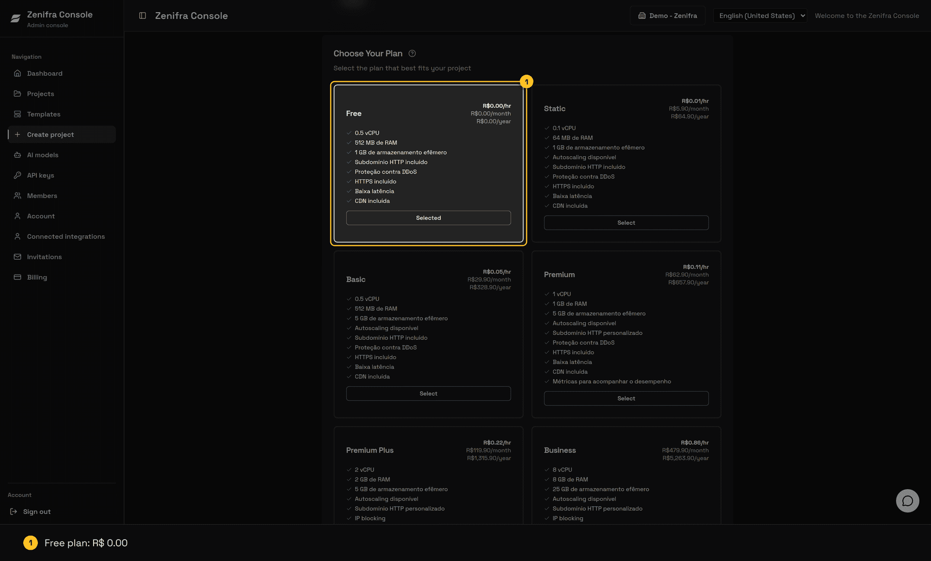 Choose your Plan section with the Free plan selected and hourly, monthly, and yearly prices