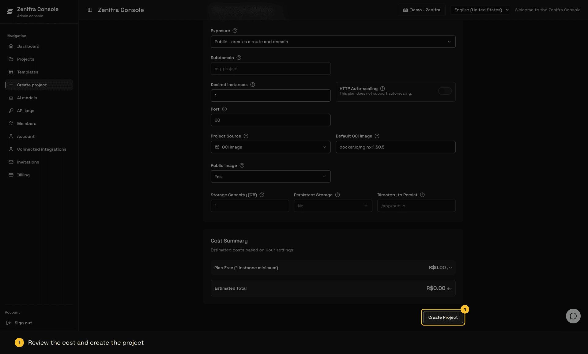 Cost Summary with the Free plan at R$ 0.00 per hour and the Create Project button