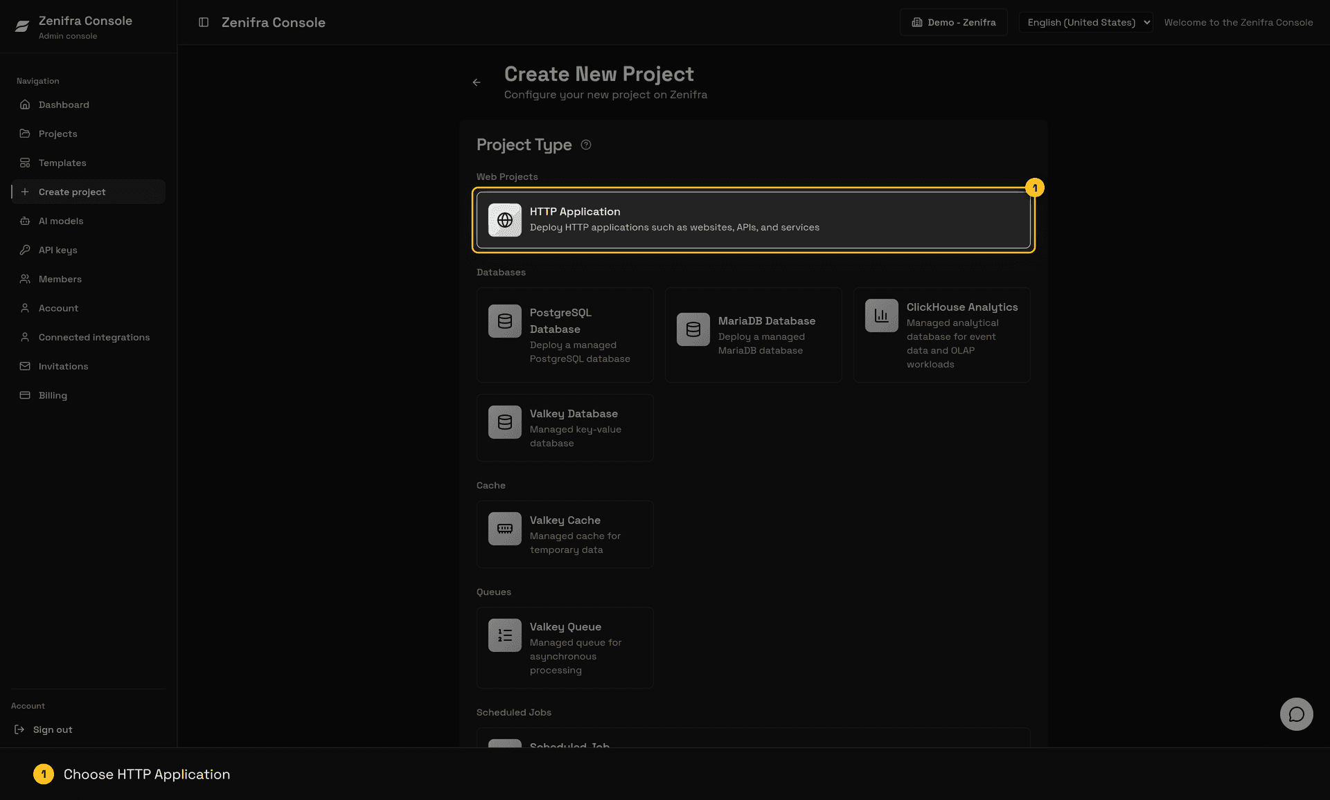 Console Create New Project screen with HTTP Application selected as the project type