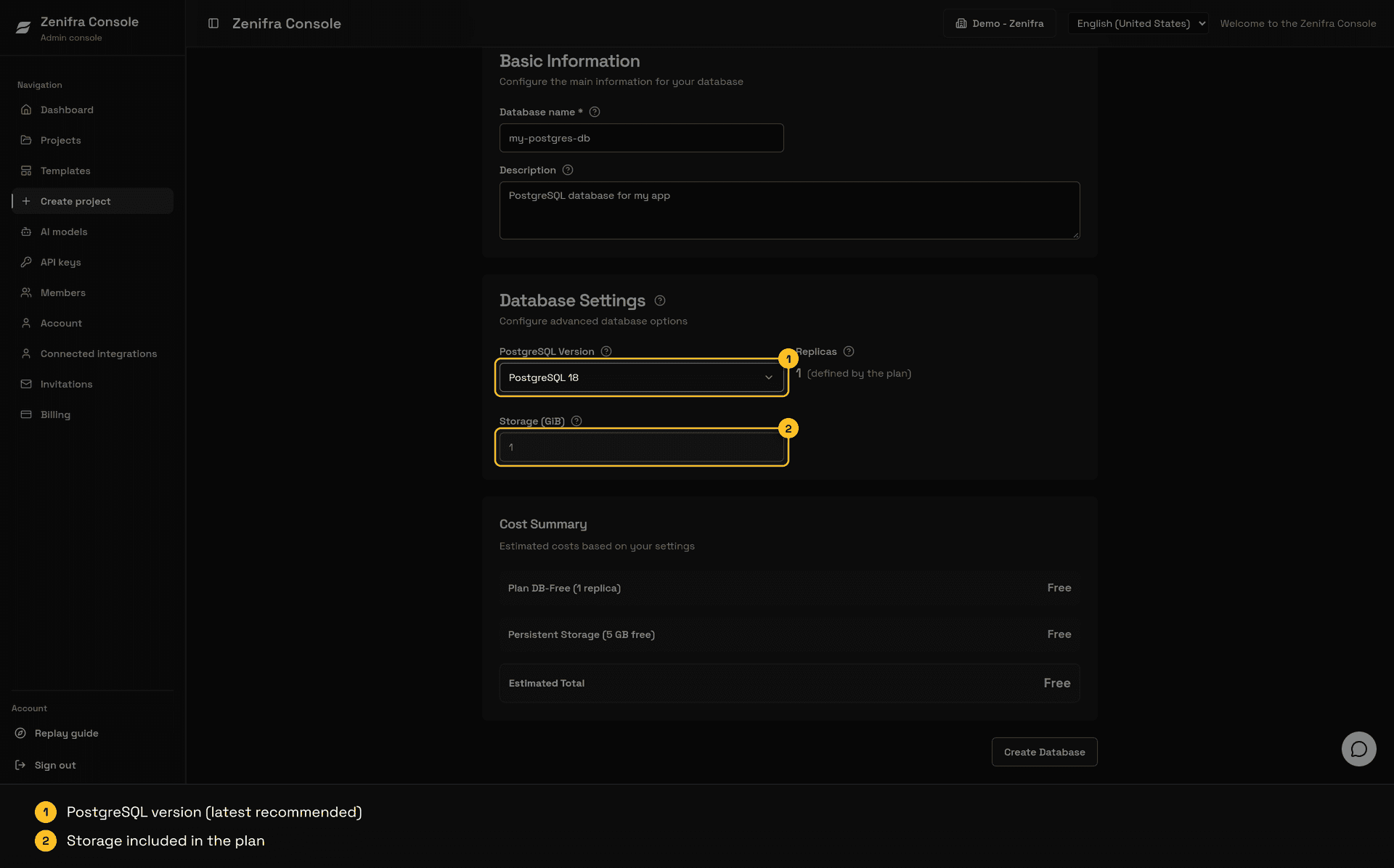 Database Settings with PostgreSQL version and storage highlighted