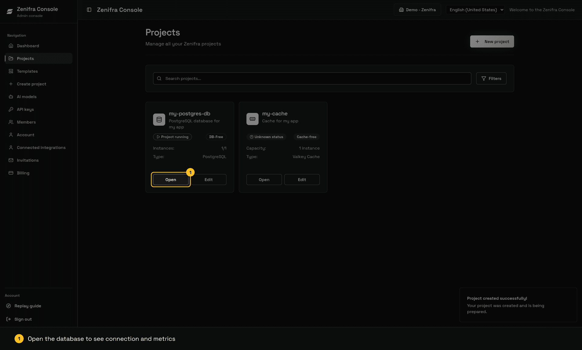 Project list with the database running and the Open button highlighted