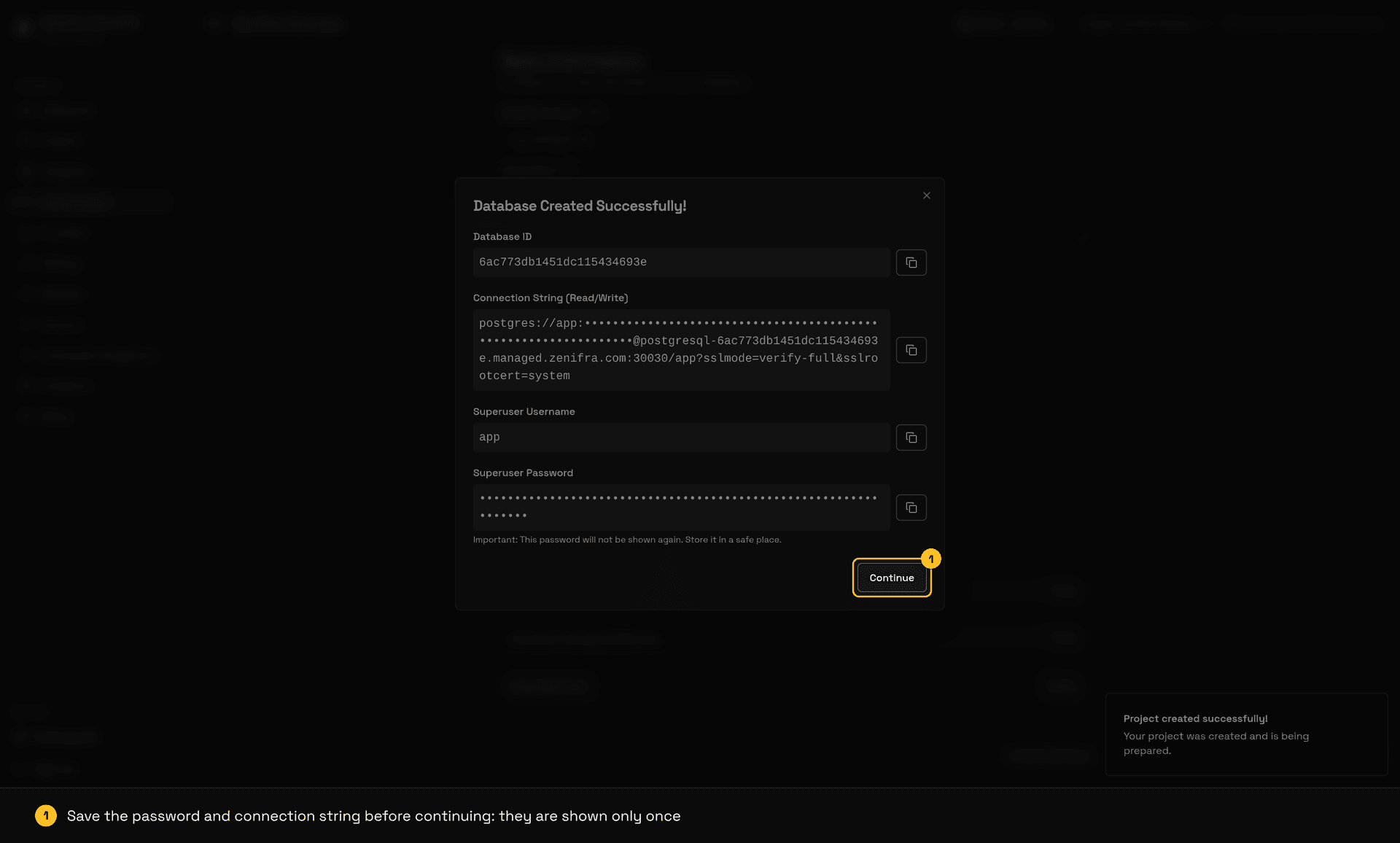 Database Created Successfully confirmation with the connection string and password masked