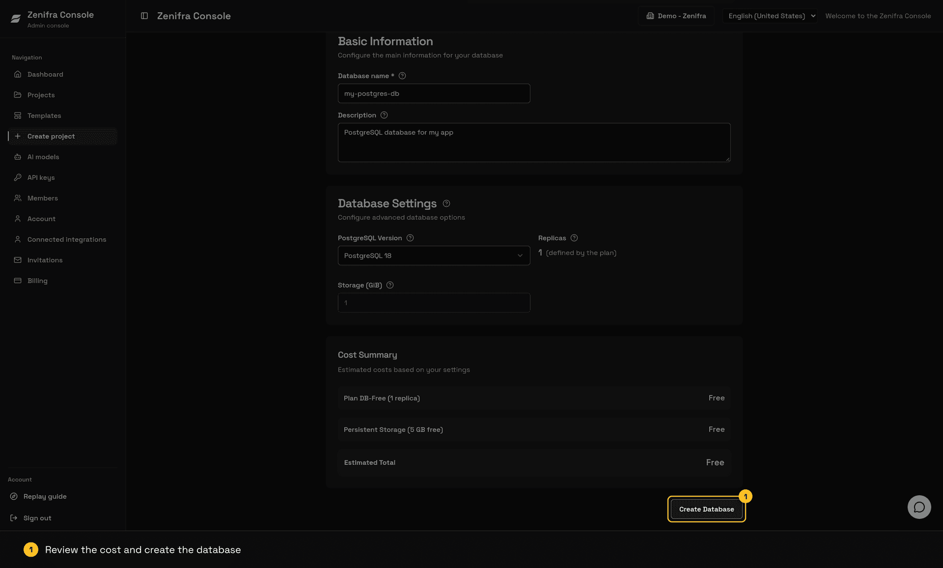 DB-Free Cost Summary with the Create Database button highlighted