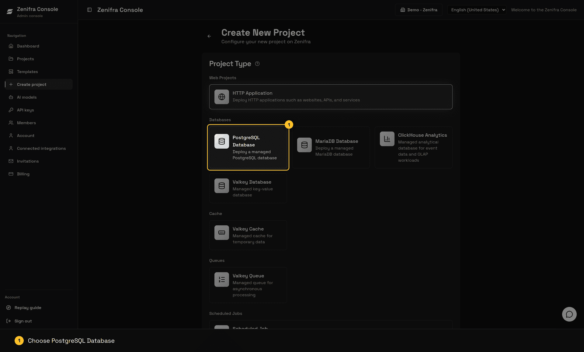 Create New Project screen with PostgreSQL Database highlighted