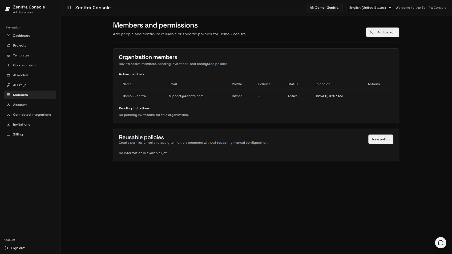 Members and permissions page with active members, pending invitations, reusable policies and the Add person button