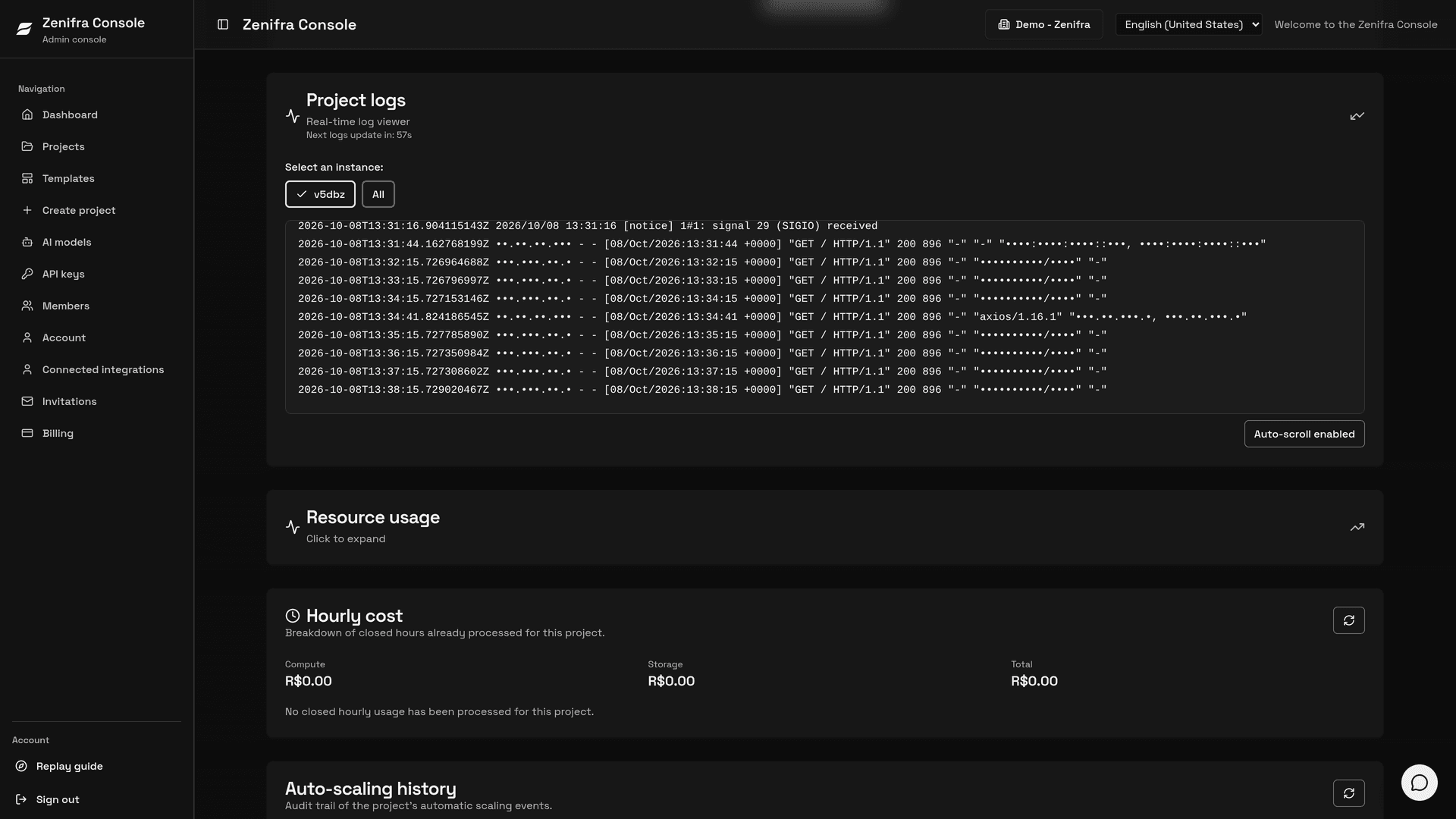 Project logs with instance selection and auto-scroll