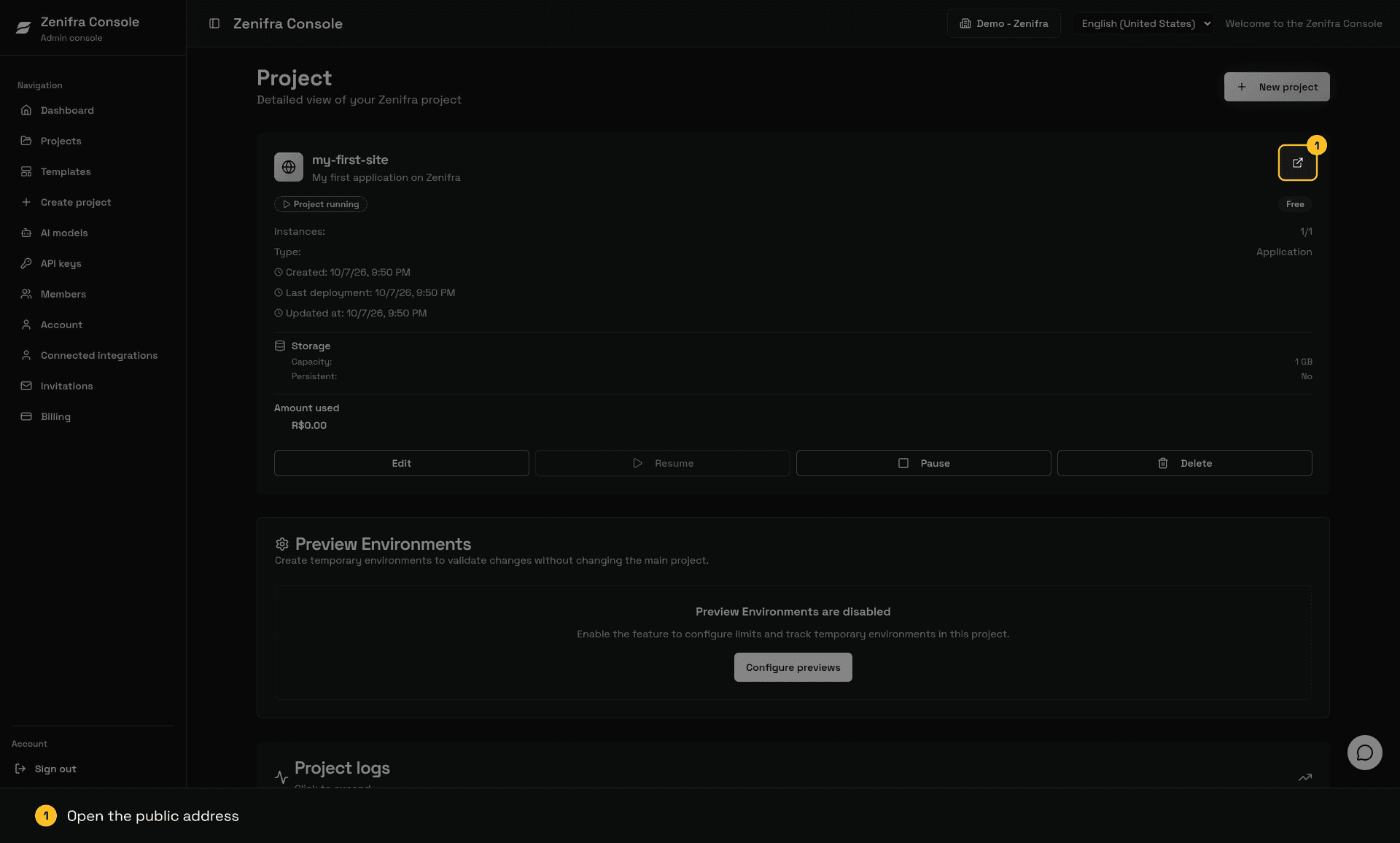 Project page with status, plan, instances, dates, storage, amount used and the Edit, Pause and Delete actions