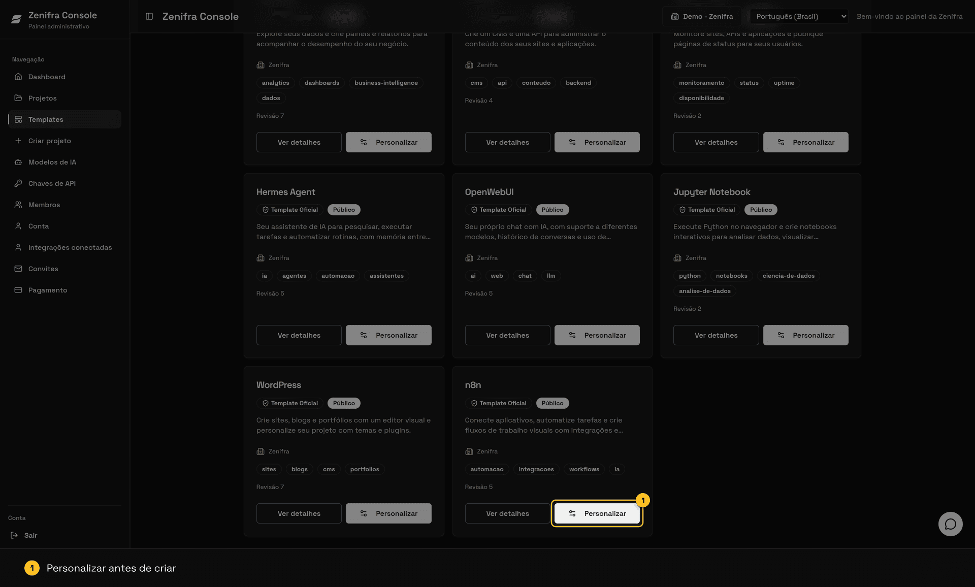Catálogo de templates com o botão Personalizar do n8n destacado