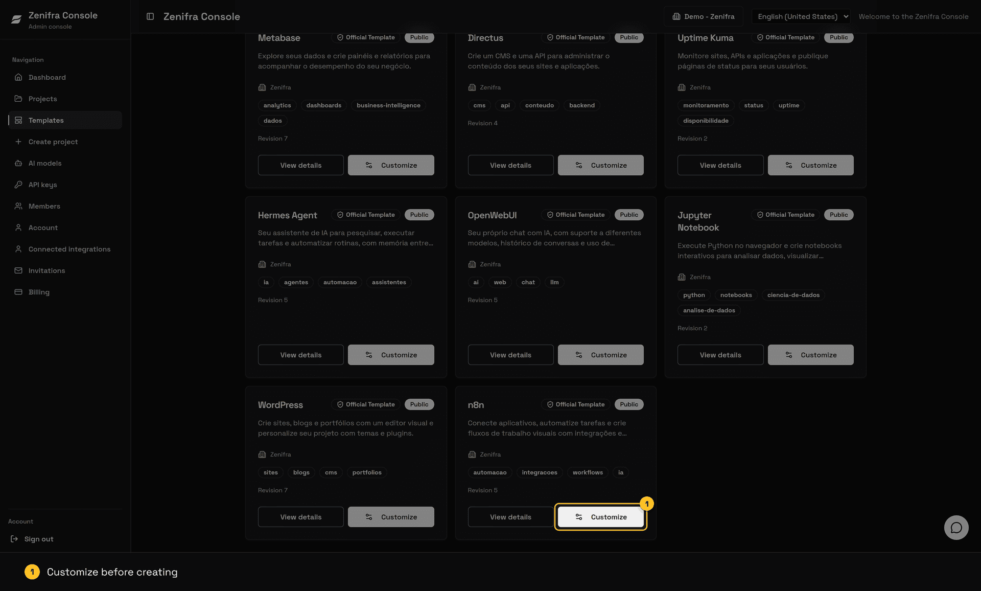 Template catalog with the n8n Customize button highlighted