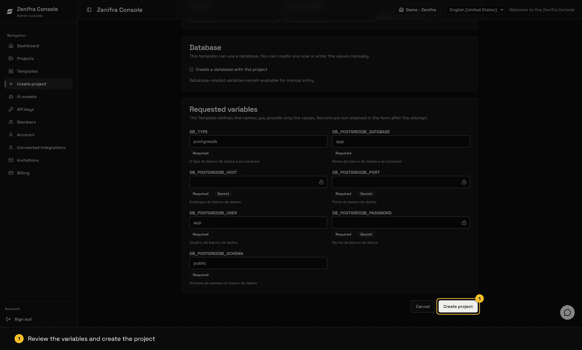 Requested variables filled in and the Create project button highlighted